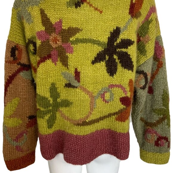 Tara Handknits Handspun Wool Cardigan Sweater L Floral Chunky Button Up Hippie - Picture 11 of 13